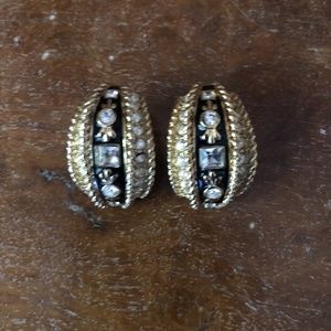 St John Black and Gold Crystal Accented Clip Earrings.